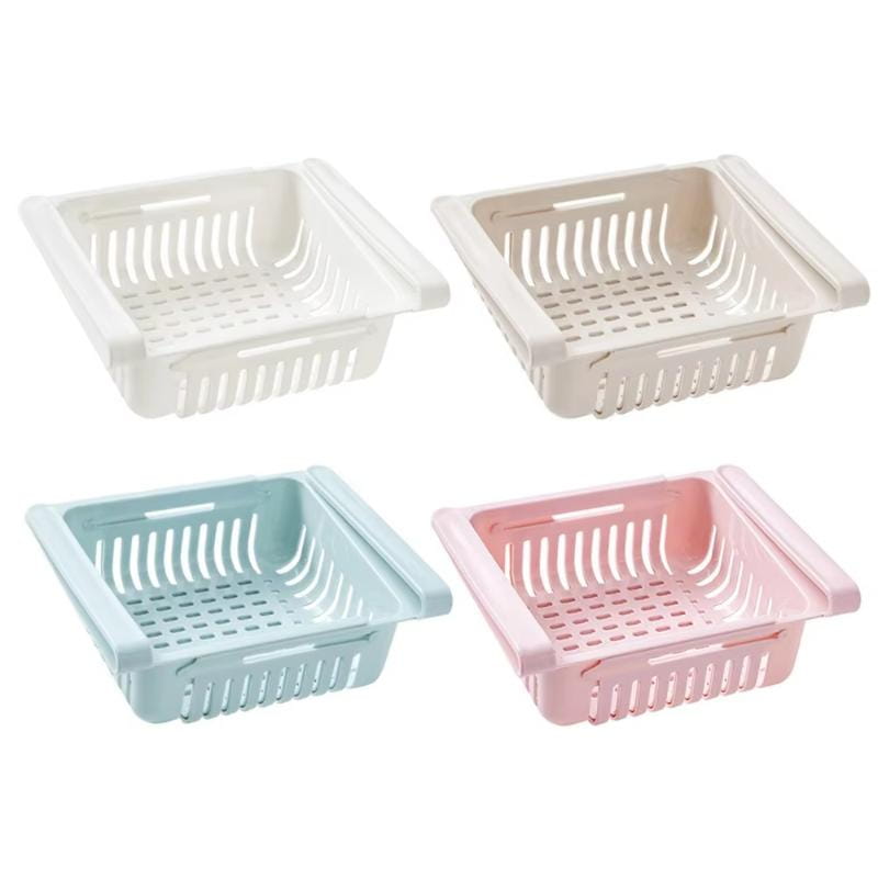 pastel-colored plastic drawer organizers in white beige light blue and pink made of food-grade polypropylene designed for an adjustable kitchen shelf sink drain rack.