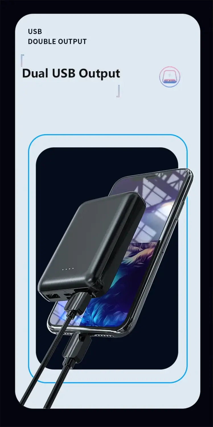 Black rectangular 20000mah power bank with dual usb output ports charging devices including smartphones and air conditioning clothing such as heated vests.