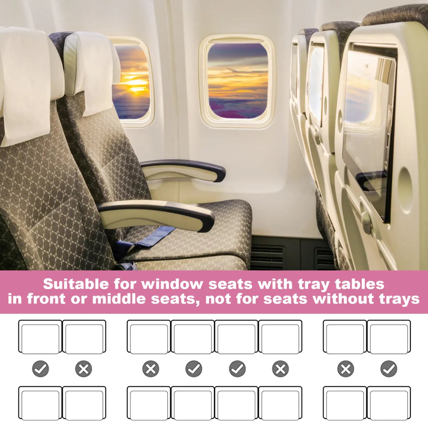 Fußstütze-Erweiterung für den Flugzeugsitz für Kleinkinder mit einem Sitzplatz am Fenster, mit gemustertem Bezug und angebauter Ablagetischplatte.