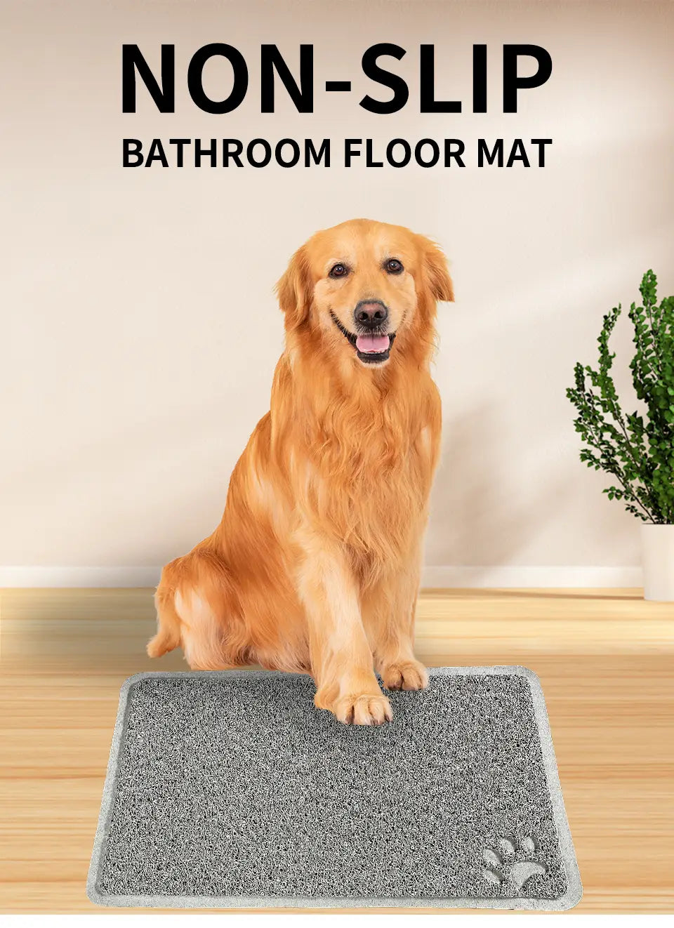 Gray non-slip waterproof bathroom floor mat with a paw print design serving as a large 24x16 black feeding mat and litter mat for dogs and cats.