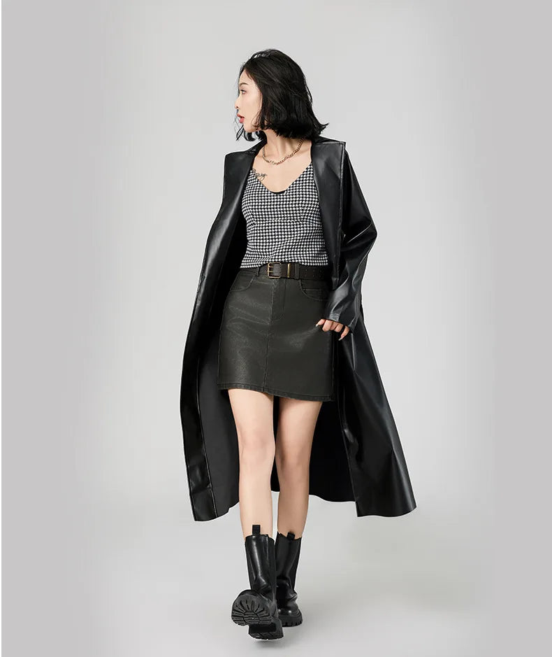 Faux Leather Coats Women Trench Jacket Pu Outerwear Belt Tight Waist Turn Down Collar Autumn Punk Streetwear Windbreaker