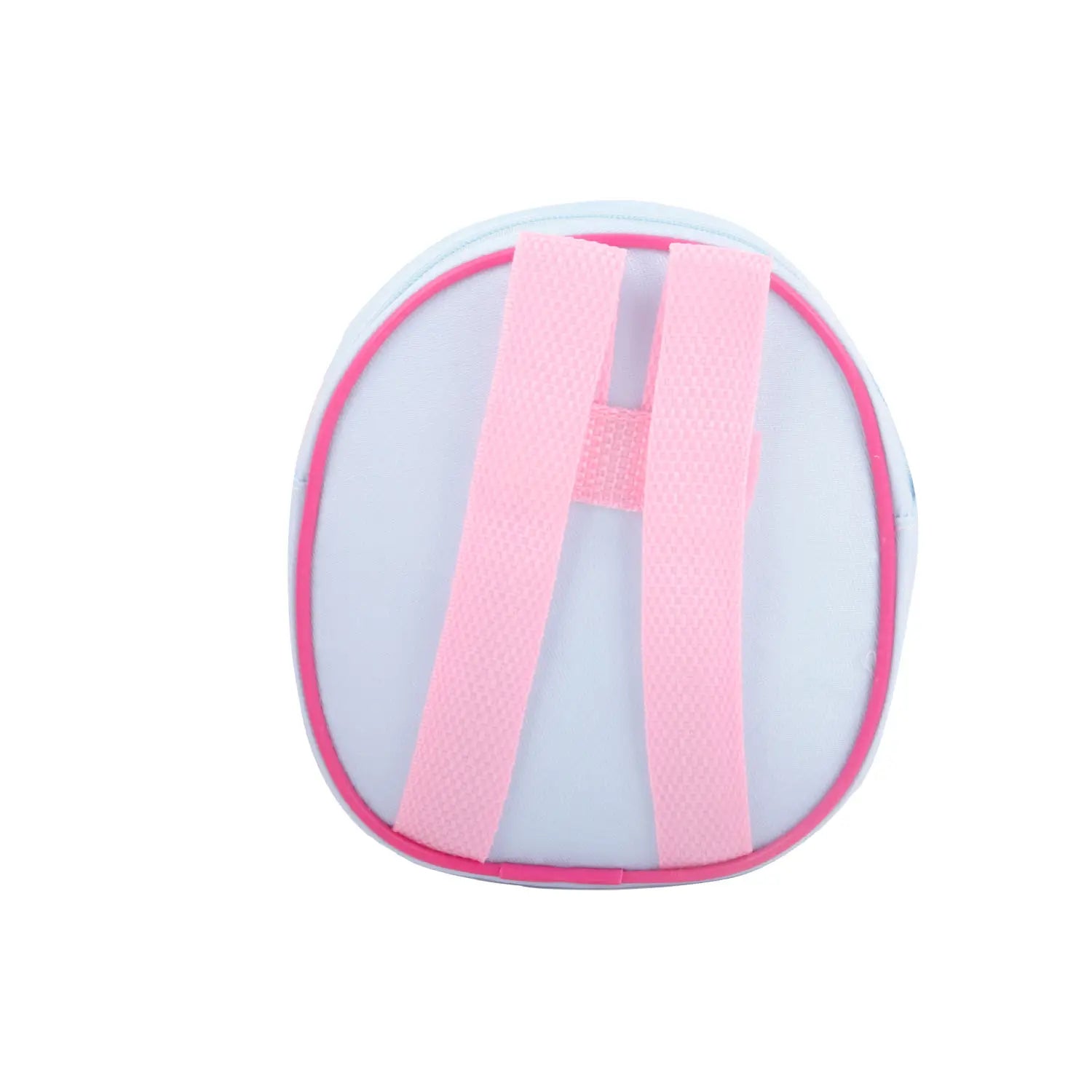 Sac à dos de poupée rond rose et blanc, avec des bretelles réglables, conçu comme un mignon petit accessoire de sac de voyage en dessin animé.