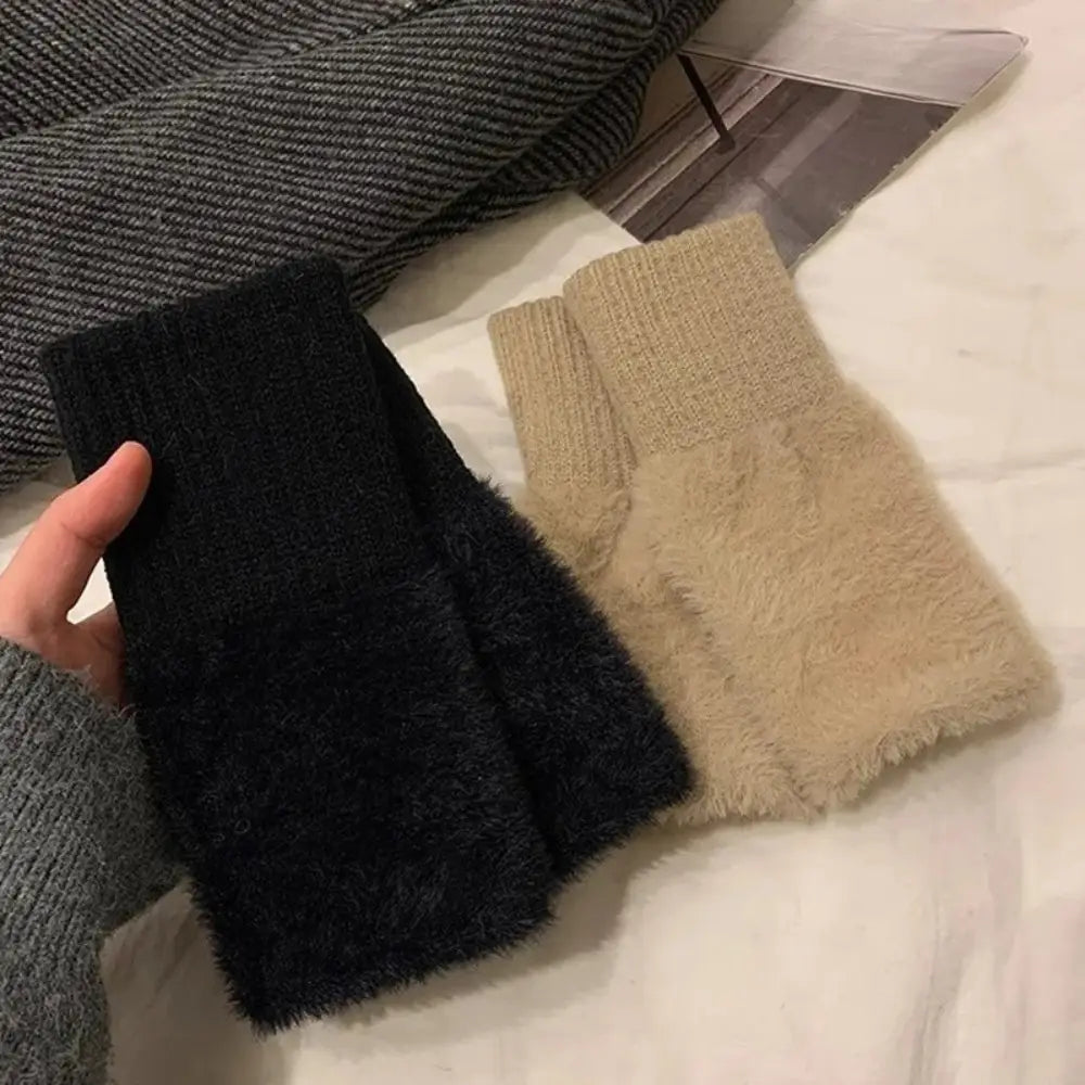 black and beige fluffy fingerless knit gloves with soft plush texture and fuzzy knit leg warmer design
