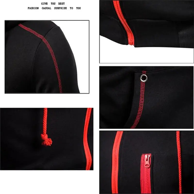 Customized men’s zip up hoodie in black with red zipper accents and matching drawstring made from comfortable material for casual wear.