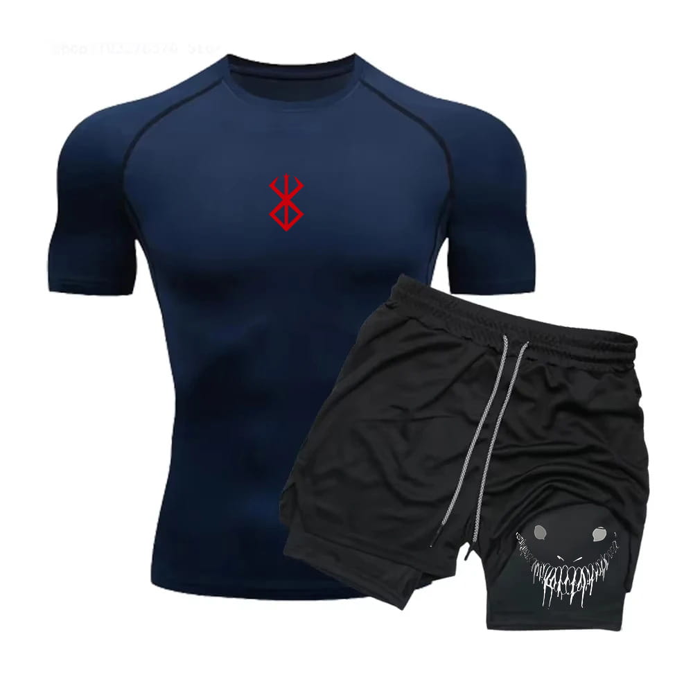 Herren-Anime-Kompressionsshirt- und -Shorts-Set mit einem marineblauen kurzärmeligen Kompressionsshirt mit einem roten Emblem auf der Brust sowie schwarzen Shorts mit weißen Kordelzügen und einem geisterhaften Gesichtdesign.