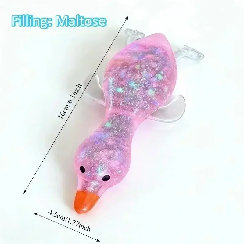 Jouet à mâcher et à malaxer en forme de canard, fromage, translucide rose, conçu pour soulager le stress, texture souple et molle, rempli de maltose et de paillettes, conçu pour apaiser le stress lié au jouet et pour une utilisation de soulagement du stress