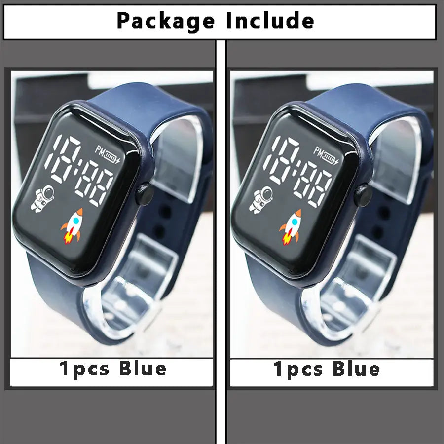 Montre électronique bleue pour enfants, garçons et filles, avec face LED rectangulaire noire affichant l’heure et des graphismes sur le thème de la fusée, conçue pour un usage sportif.