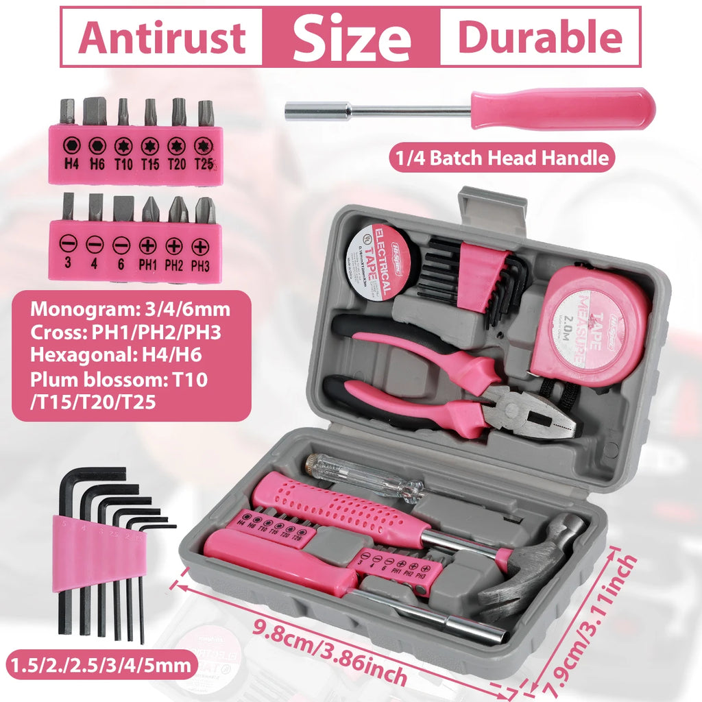 13/24Pcs Household Repair Tool Kit Multi-Purpose Pink Home Hand Tool Set with Storage Case Durable Hammer and Allen Key Set