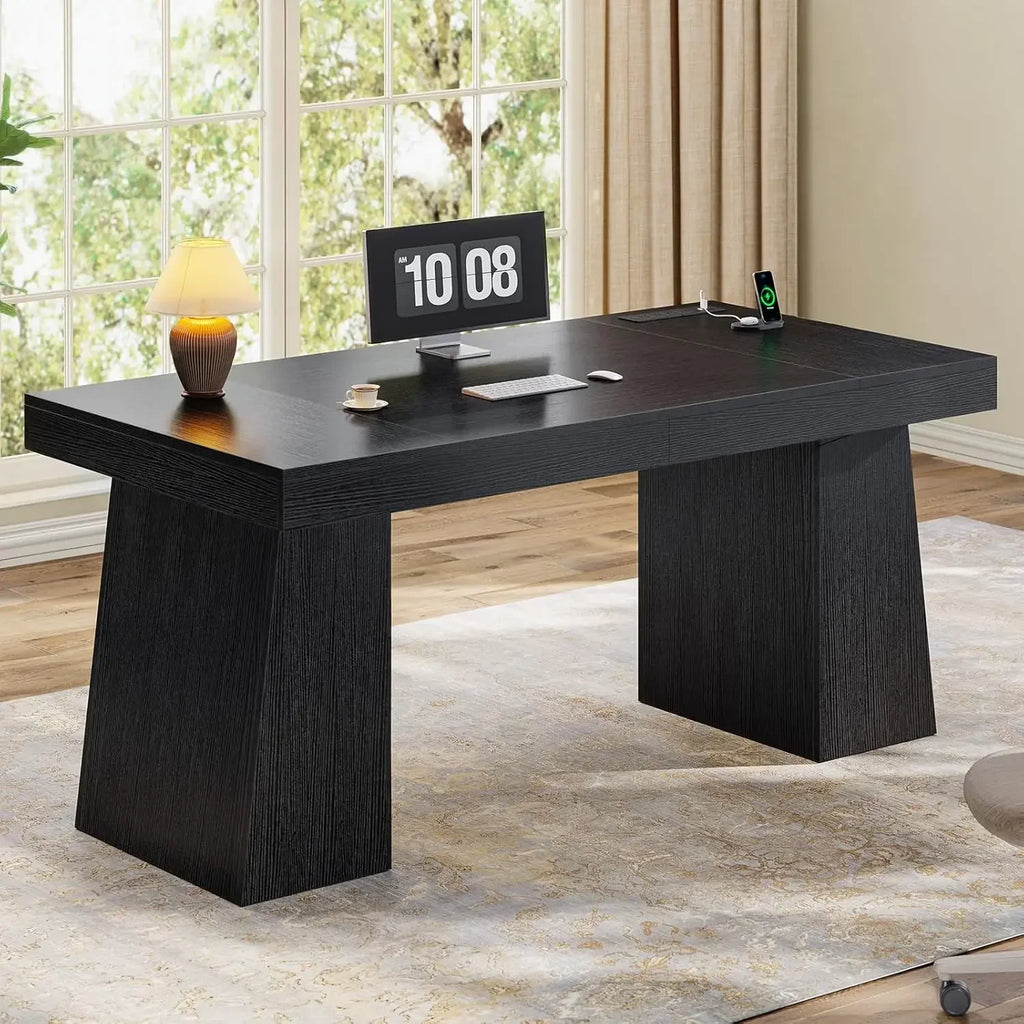 Eco-friendly 55.9 In Executive Desk With Power Outlets, Modern Home Office Desk With Storage Cabinet, Wood Computer Desk Busines