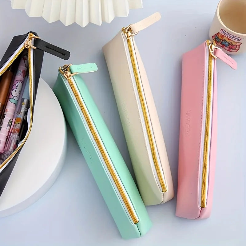 1Pc PU Leather Large Capacity Pencil Case, Multifunctional Stationery Storage Bag for Office Supplies, Student Organizer Pouch