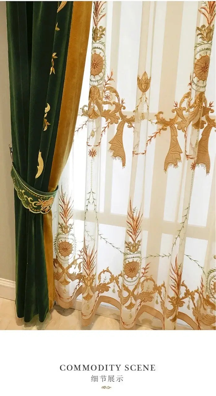 French green velvet embroidered curtains feature deep green velvet fabric with gold embroidery and a sheer ornate lace overlay accented by tassel tieback beads.