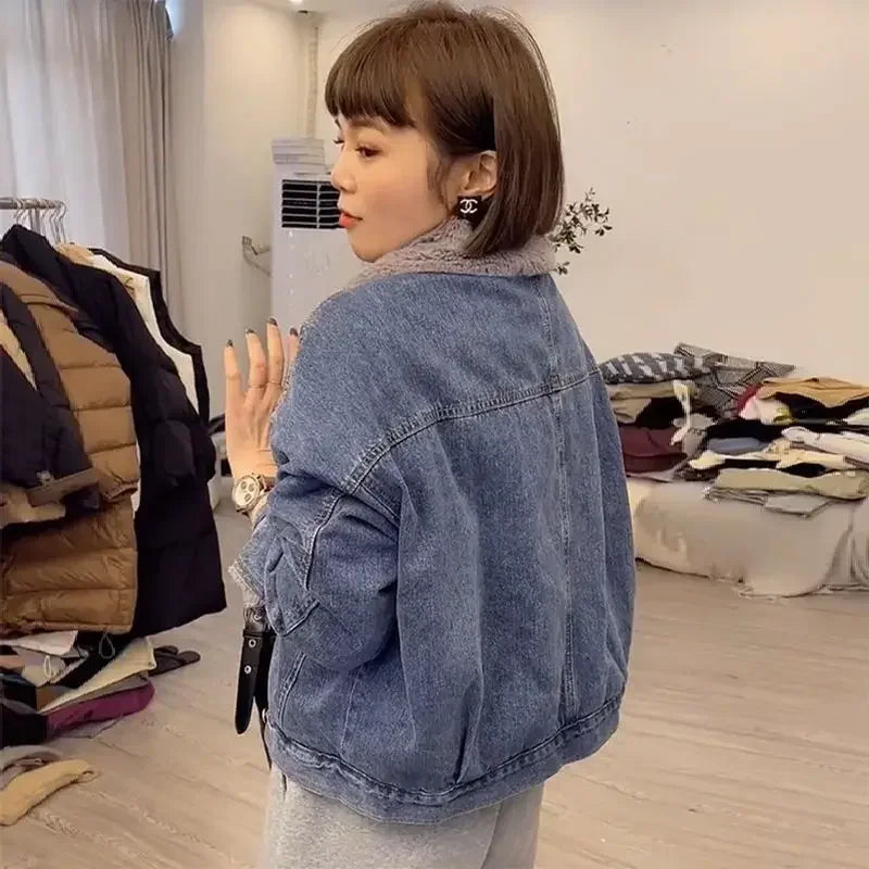 Woman Jean Coat Wool Inside Warm Denim Jacket for Women Outerwear with Fur Plush Patchwork Winter 2025 Cold Blue Padded Harajuku