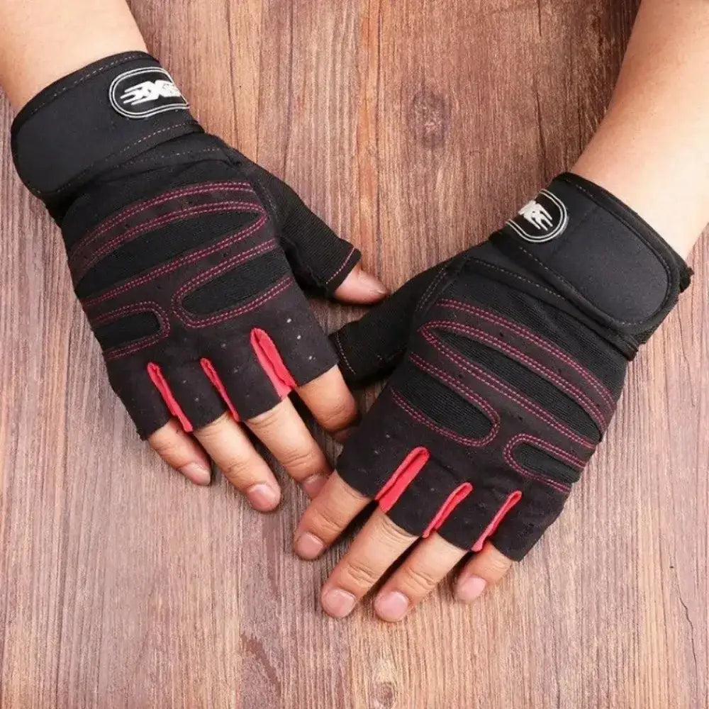 Black and red fingerless workout gloves with reinforced stitching and a wrist strap for wrist support shown from the back side.