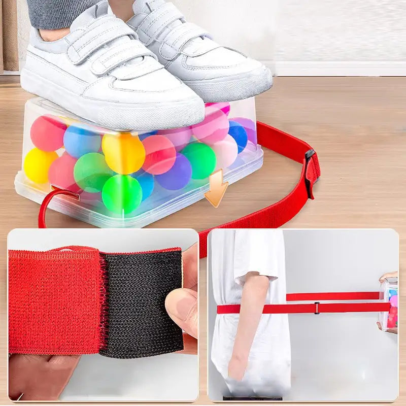 Red and black adjustable strap with velcro ends for securing items in the shaking swing balls party game set.
