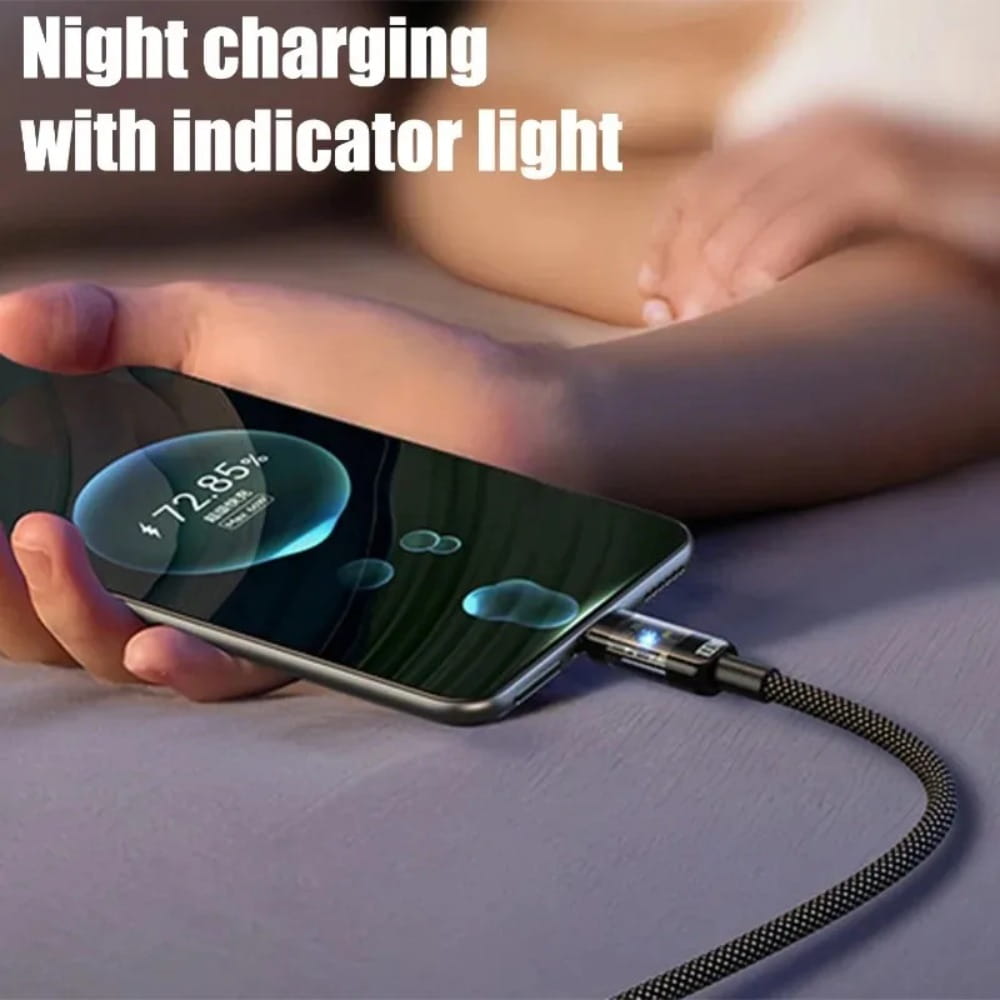 メタリックコネクタとLEDディスプレイ表示ライトを備えた、ブラック編組240W USB-C急速充電ケーブル。