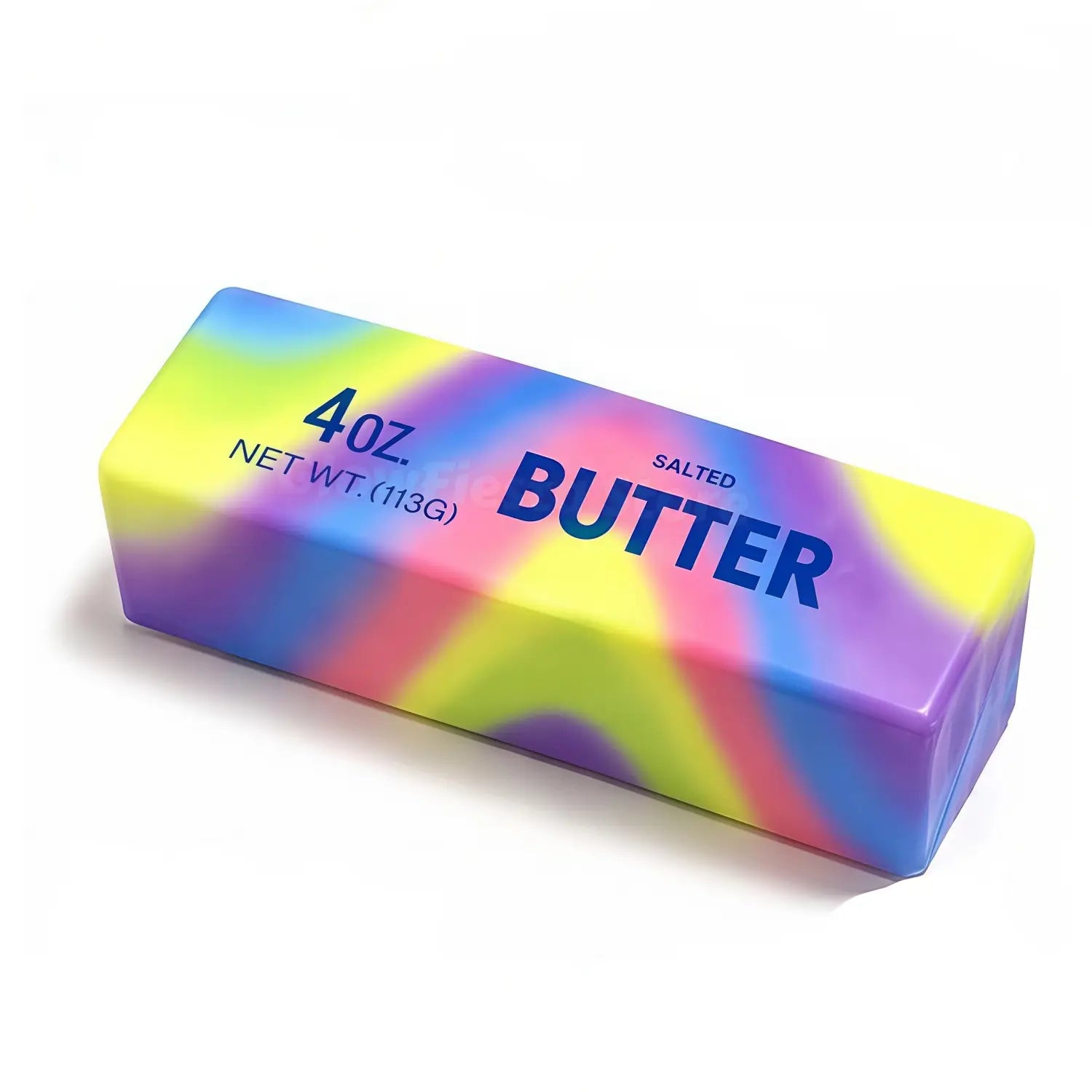 Un jouet antistress en bâton de beurre à montée lente aux couleurs de l’arc-en-ciel, très vibrant, finition brillante et étiquette 4 oz bleue audacieuse, en assortiment de 12.