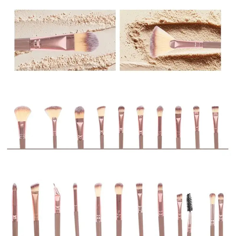 Set of rose gold finished makeup brushes with soft tapered bristles arranged in a row for precise makeup brush and eye makeup application from the 46 piece pink makeup brush and sponge set.