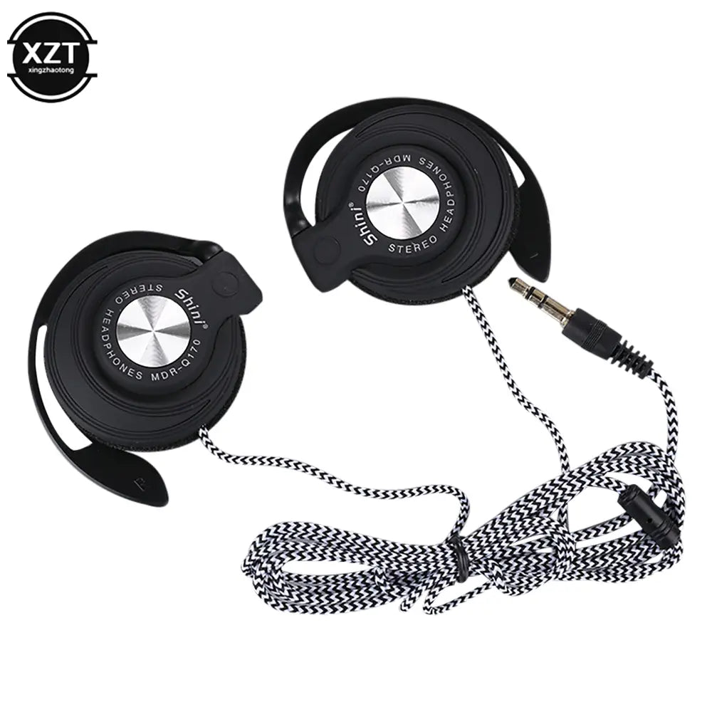 Black shini mdr-qt10 wired headphones hifi feature a silver circular center with a black-and-white herringbone-patterned cable designed for hifi heavy bass and over-ear mic use.