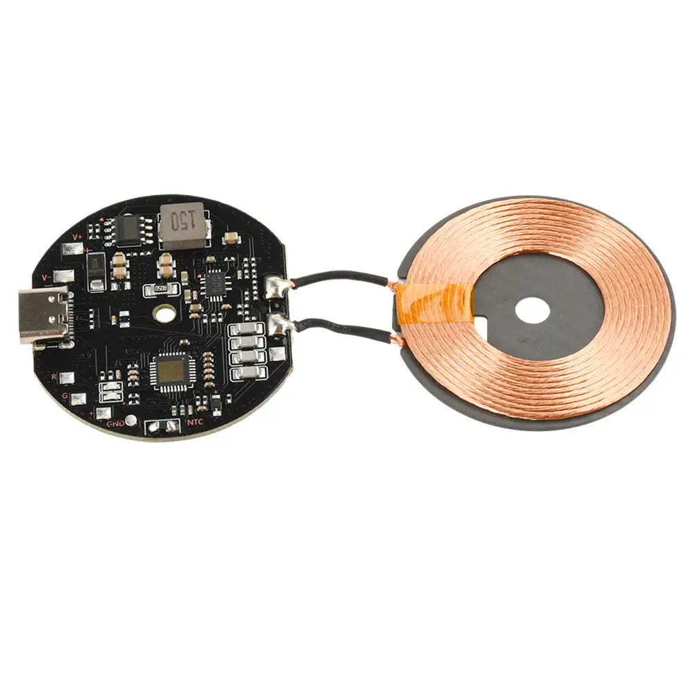 Wireless charging module 20w car pcba showing the back side with a black circuit board featuring a usb-c port and copper coil for automatic recognition wireless charging.