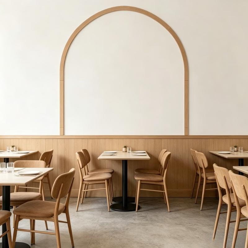 Minimalist wooden dining chairs with light brown upholstery and sleek curved backrests featured alongside scalloped wood wall arch diy decor trim.