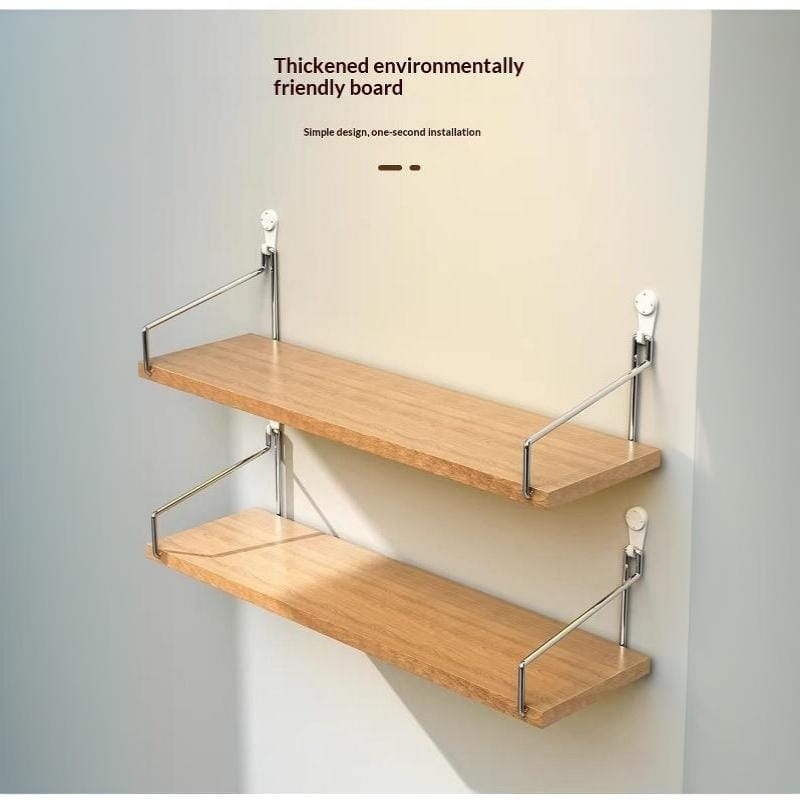 Estantes montados en la pared de dos niveles con paneles ligeros de bambú natural y soportes metálicos cromados elegantes, para soluciones de almacenamiento en madera maciza natural.
