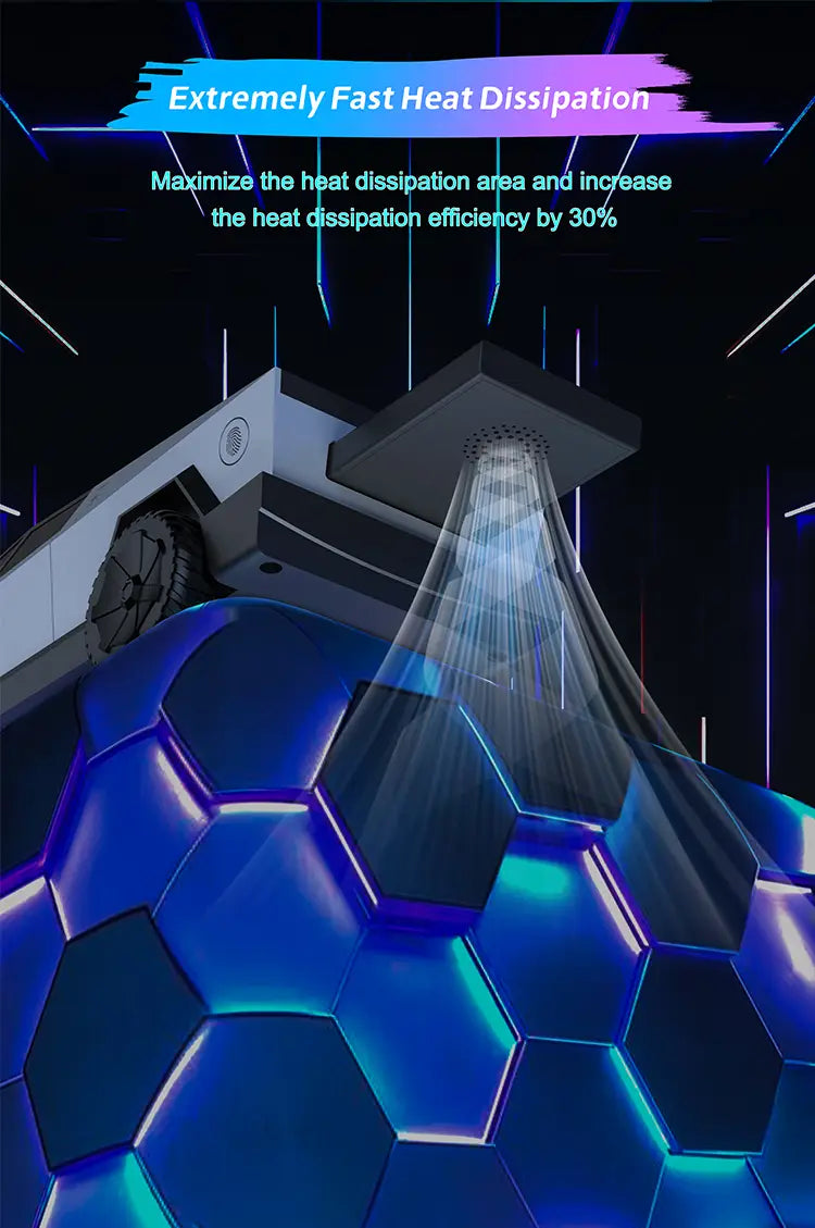 A sleek cybertruck 3-in-1 wireless charging station featuring a hexagonal-patterned cooling system with a glossy blue and black finish.