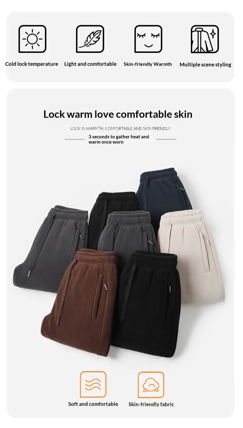 Une collection de pantalons de survêtement d’hiver décontractés pour hommes doublés en polaire, fabriqués en matière de polaire douce et confortable, en couleurs unies, notamment noir, bleu marine, gris, marron et beige.