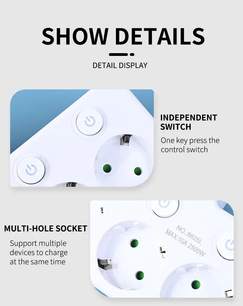 White multi-hole wall charger socket with usb ports featuring independent switch buttons and green indicator lights for convenient power control.