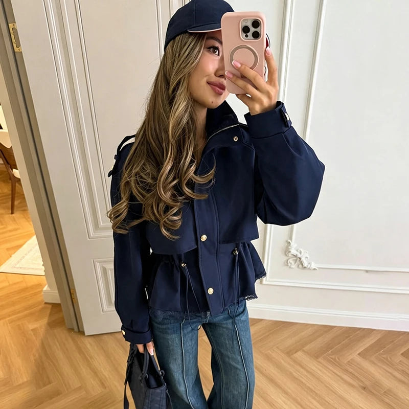 Women Lace Hem Cropped Trench Jacket Stand Collar Epaulet Button Closure Drawstring Waist Side Windbreaker Coat Ladies Outerwear