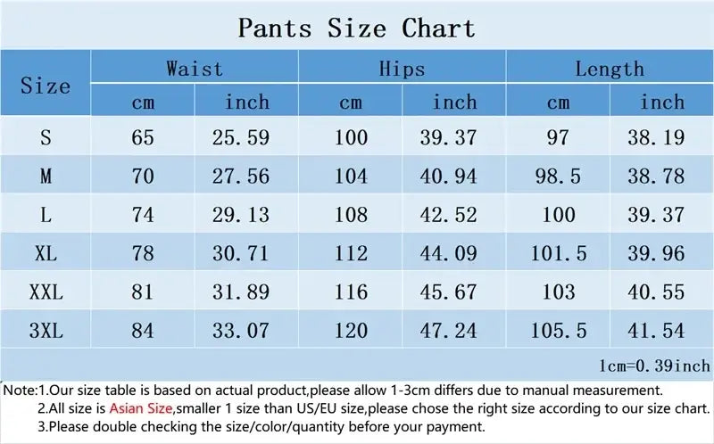 Tableau des tailles du pantalon indiquant les mesures de la taille, des hanches et de la longueur en centimètres et en pouces pour des jeans en denim Y2K à jambes larges et ample pour hommes, de la taille S à 3XL.