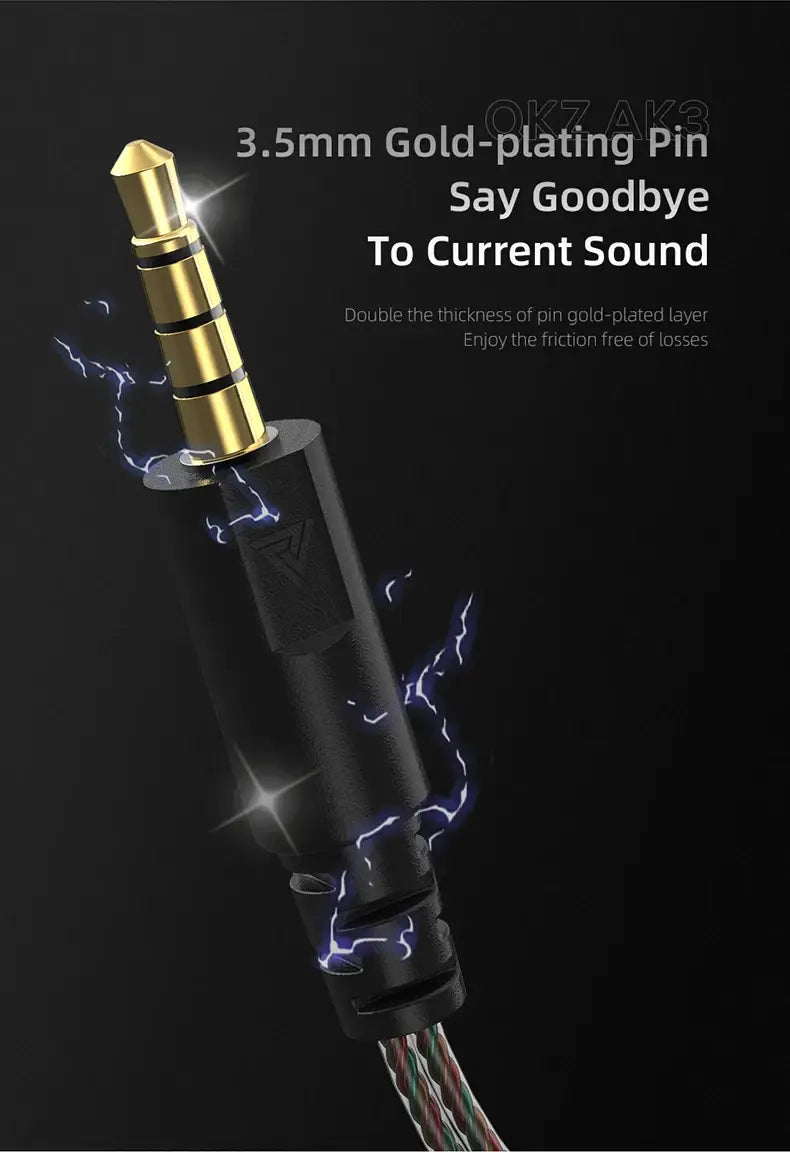 Prise audio 3,5 mm plaquée or avec boîtier en plastique noir et câblage multicolore, comprenant une couche d’or double épaisseur pour améliorer la qualité sonore des écouteurs intra-auriculaires filaires Qkz AK3.