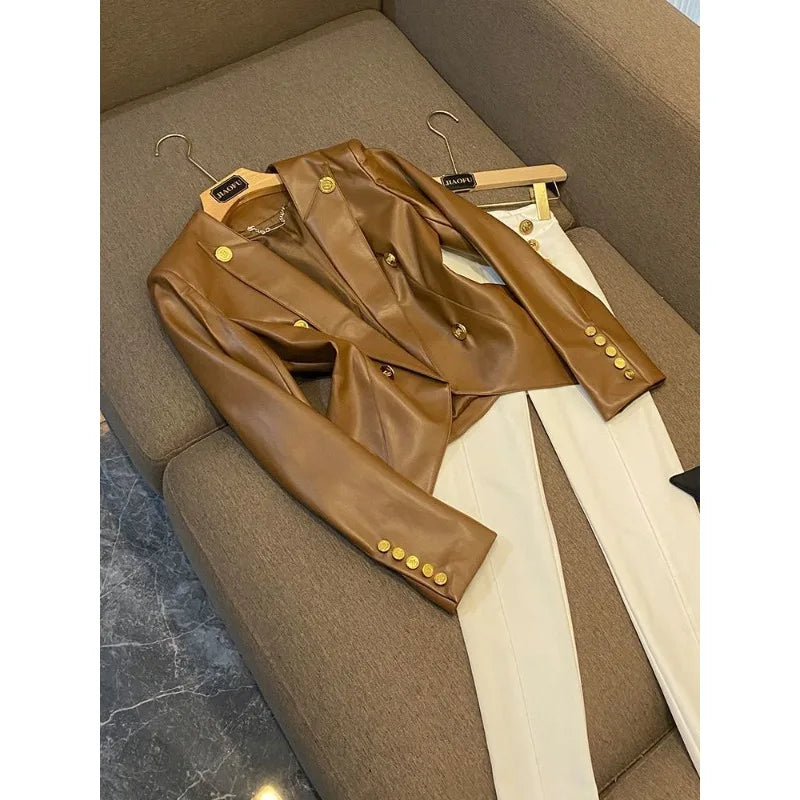 trendy Women's Clothing Faux Leather Coat Black Metal Double-breasted Slim No-wash Leather Suit Top Jacket Coat Women Jackets