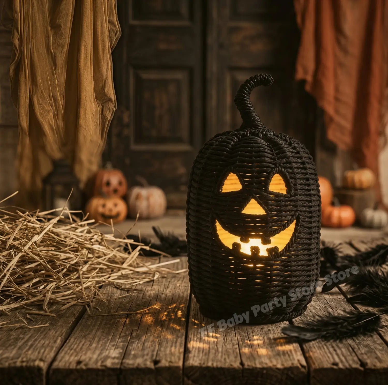 Geflochtene Kürbislaterne mit Hexenhut, mit schwarzer, geflochtener Außenfläche und orangefarbenem, leuchtendem Innenlicht, geschnitzt mit einem Jack-o’-Lantern-Gesicht.