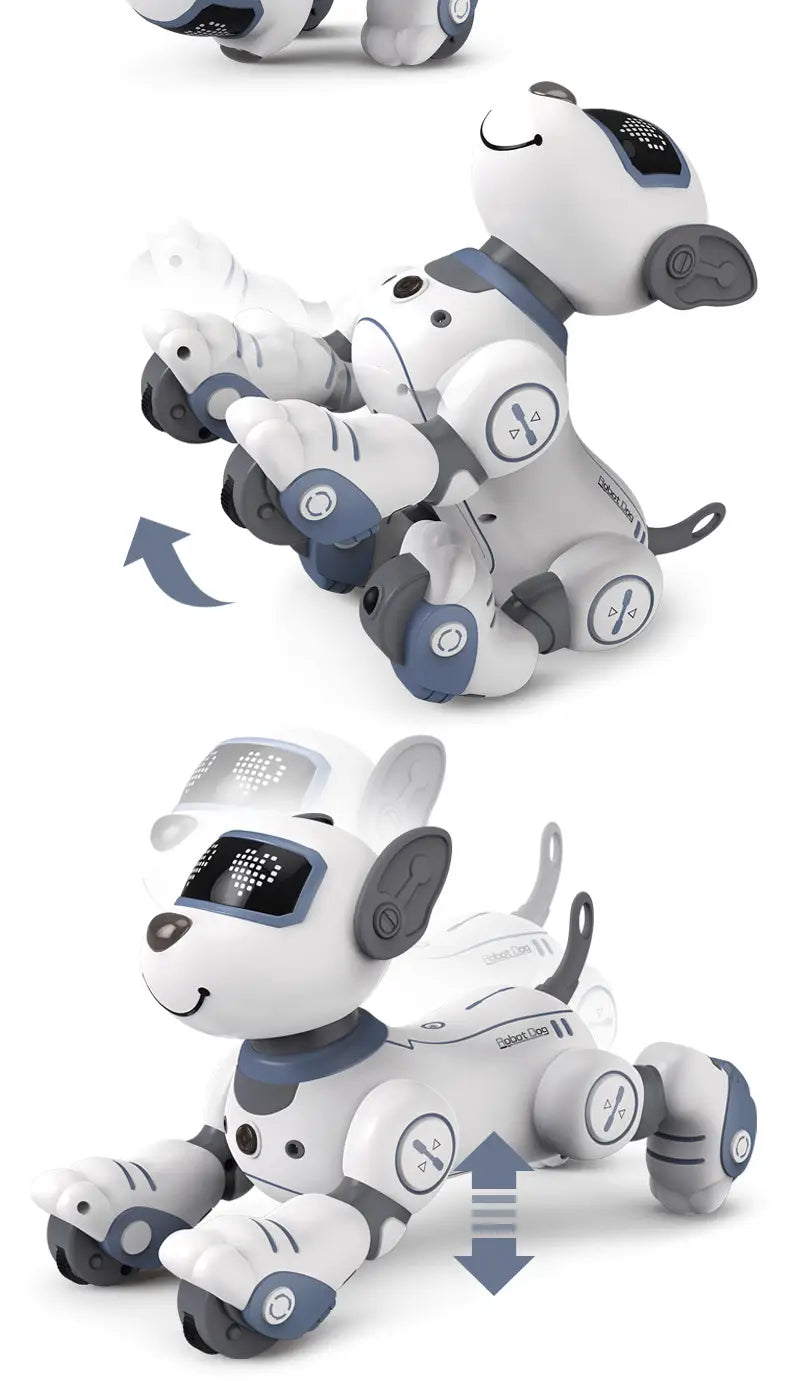 青いアクセントを備えた白色とグレーのスマートロボット犬のおもちゃの音声制御機能付き。顔にデジタル表示を搭載しています。
