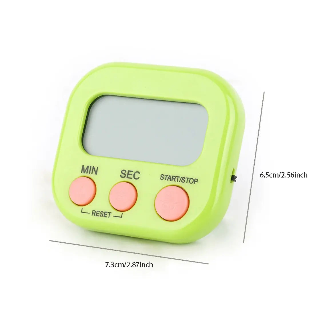 Digitale Küchentimer-Magnet-Zähluhr im limettengrünen Design mit drei pinkfarbenen Tasten, beschriftet mit min, sec und start stop.