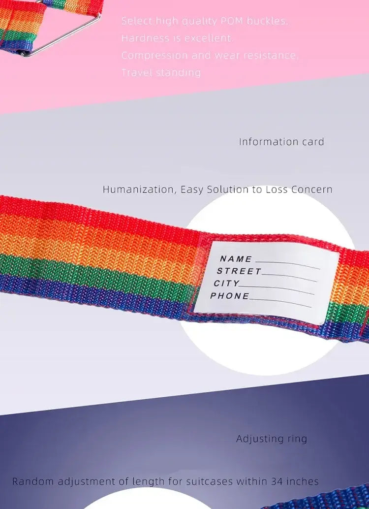 Verstellbarer, strapazierfähiger Koffer-Gurt mit einer Regenbogen-Pom-Schnalle und einem weißen Etikett zur Angabe persönlicher Informationen.