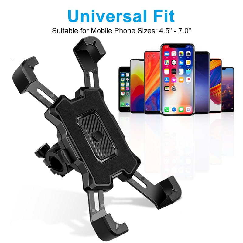 Black bike phone holder with adjustable arms and textured grip surface designed for 360 rotation and handlebar mounting
