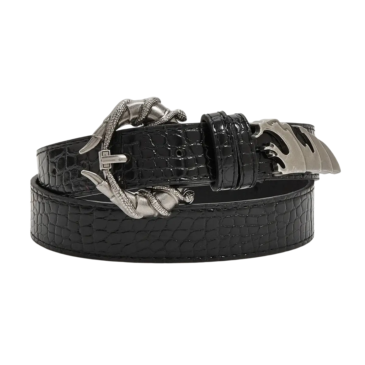 Black crocodile-textured leather belt with silver dragon-claw buckle and decoration for plus size y2k fashion