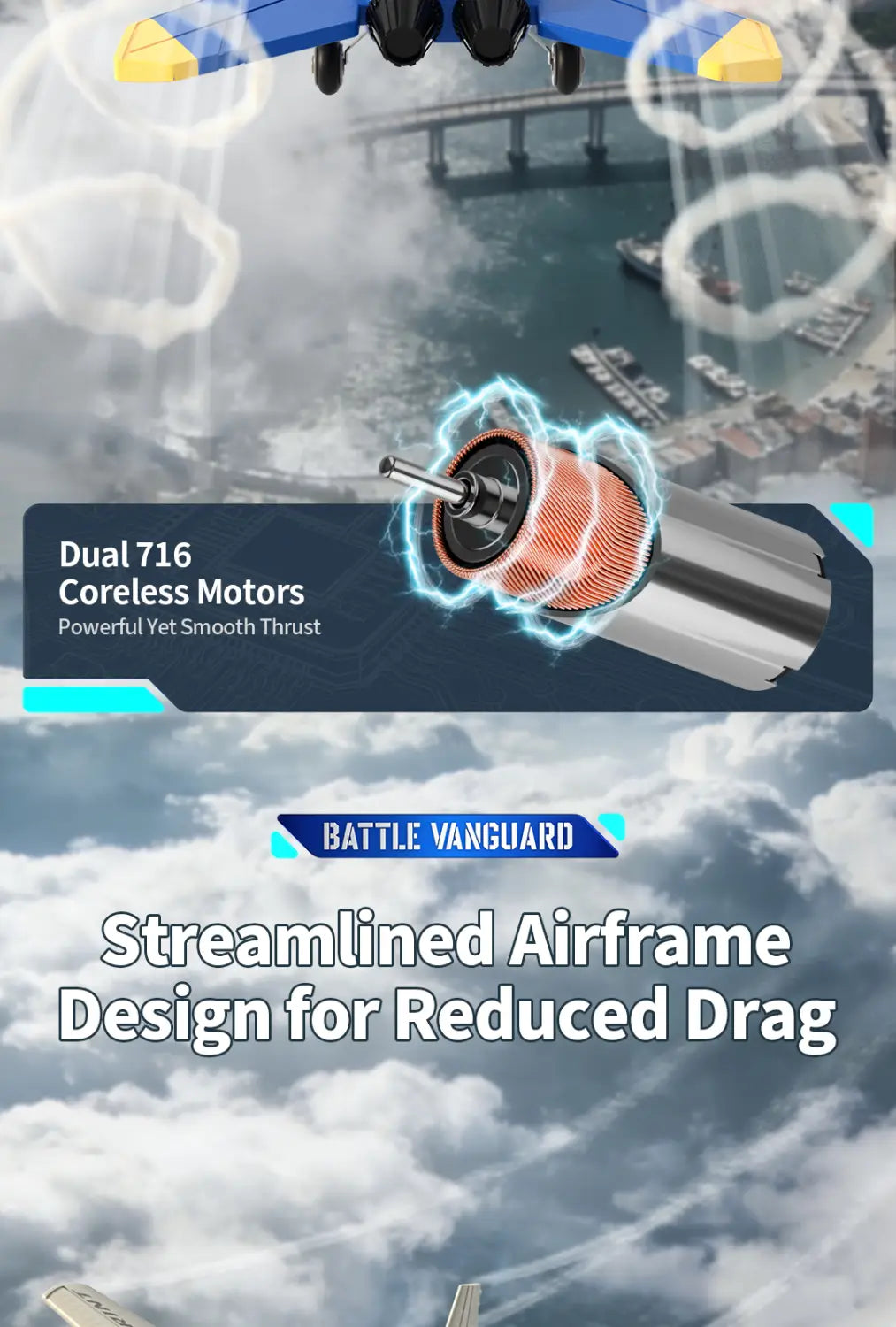 Silver and orange dual 716 coreless motor with streamlined airframe design for reduced drag on a remote control f18 hornet foam glider jet.
