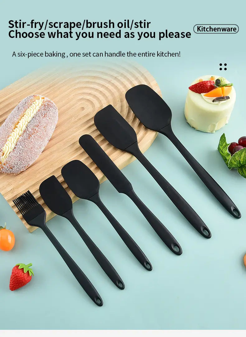Set of six black silicone kitchen utensils including various sizes and shapes for stirring scraping or brushing from the black silicone kitchenware set and baking tool.