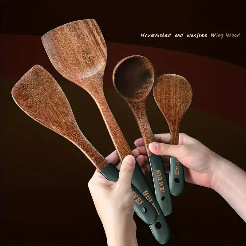 Set of four wooden cooking utensils with dark green handles made from unvarnished and waxed wing wood nonstick safe.