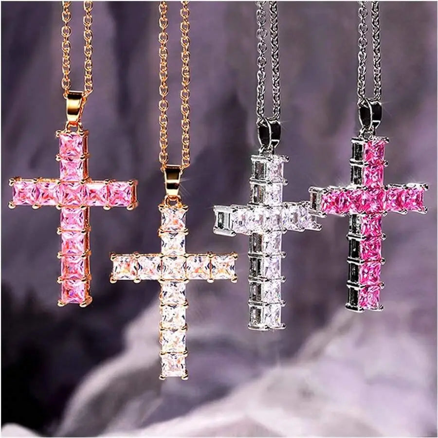 Four sparkling female pendants gold cross necklaces featuring rectangular-cut pink and clear stones set on varying metallic chains for fashion necklaces female.