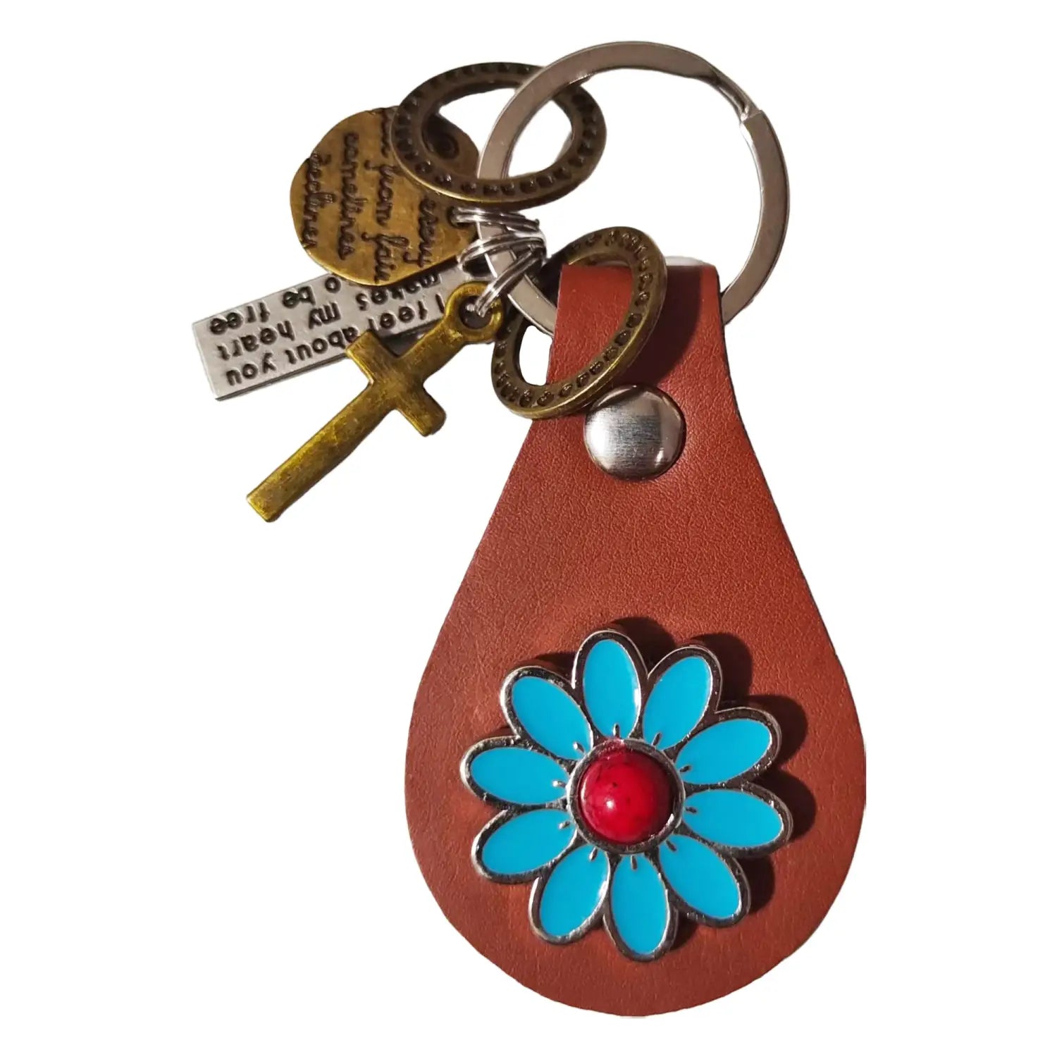 Brown leather keychain charm featuring a turquoise enamel flower with a red center and metallic accents for gifting.