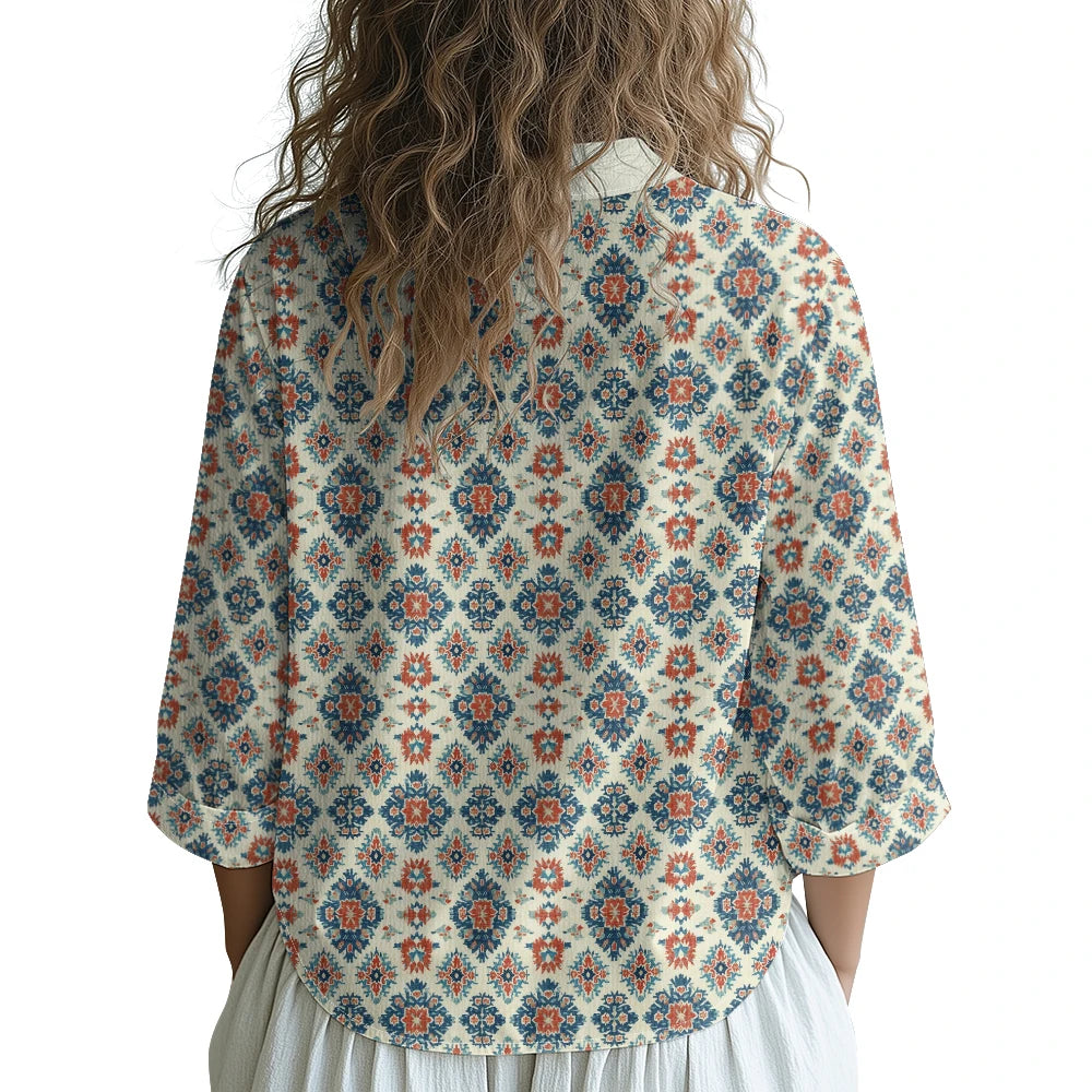 Ethnic-Inspired Long-Sleeve Women Shirt with Aztec Geometric Pattern Printed Front 2 Pockets Button-Up Retro Tribal Casual Style