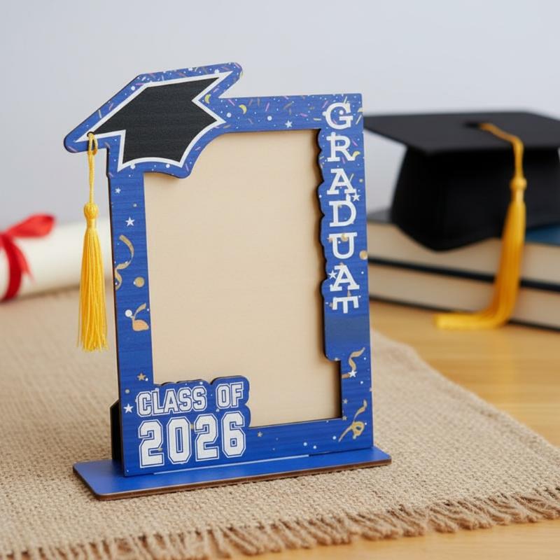 Portarretratos de graduación de madera azul, con parte superior de birrete negro y borla dorada, con el graduado en posición vertical a lo largo del lateral y la clase de 2026 en la parte inferior, en un conjunto de portarretratos de graduación de madera de la clase de 2026.