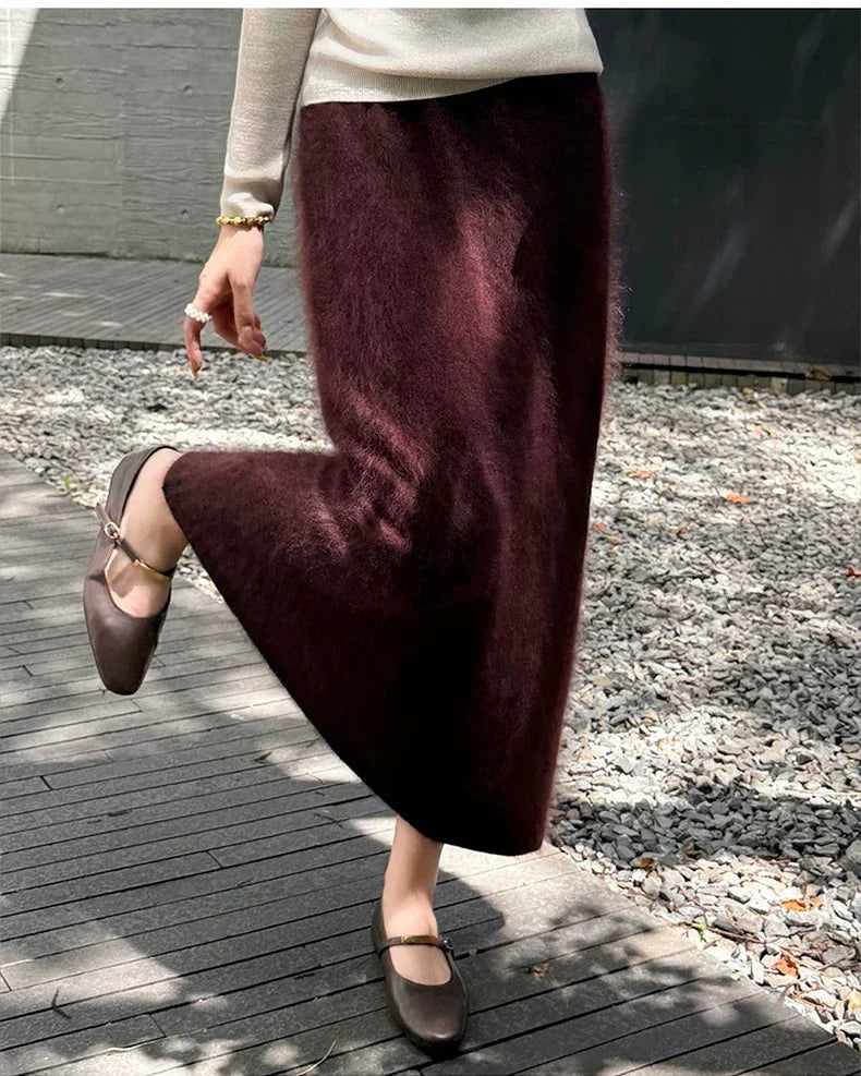 Women's Fall Winter Hairy Fuzzy Mohair Wool Brushed A-Line Maxi High Waist Flared Long Skirt Warm Draped Elegant Midi Skirt