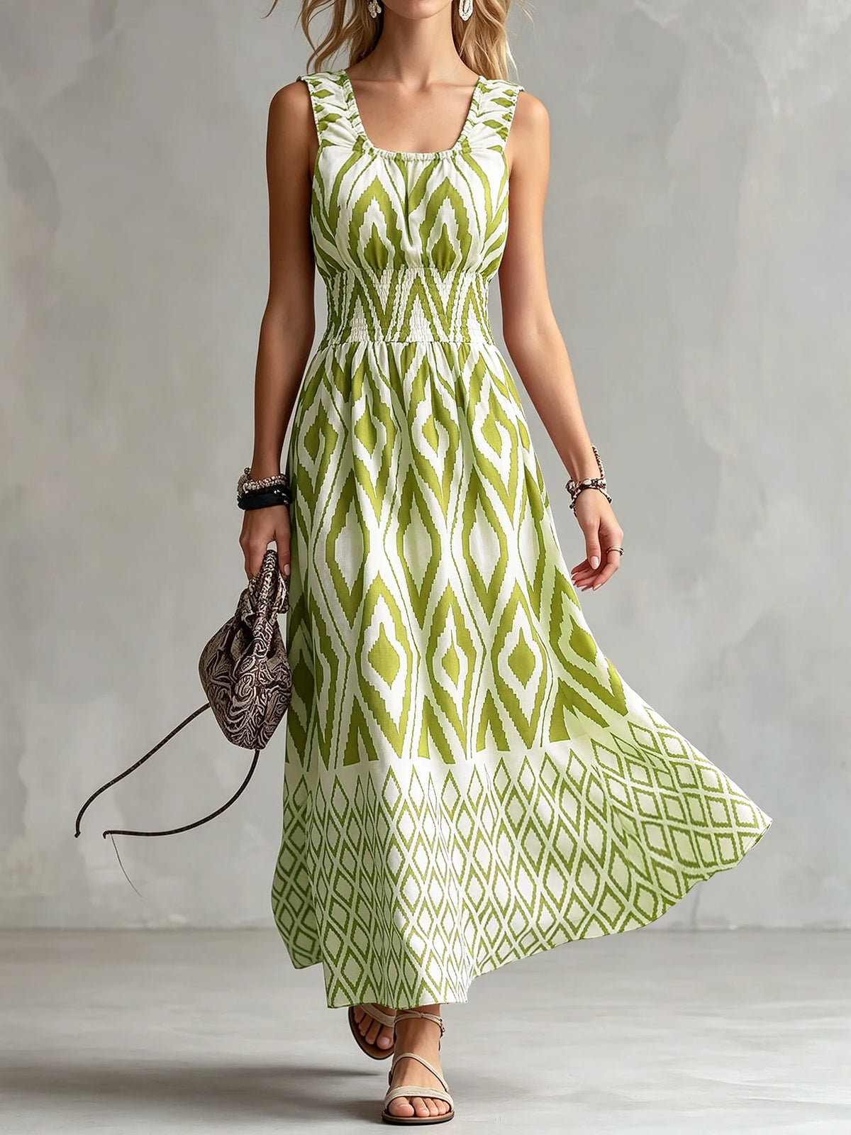 Women's Vintage Ethnic Ikat Pattern Sleeveless Square Neck Smocked Bust Tiered Casual Midi Dress