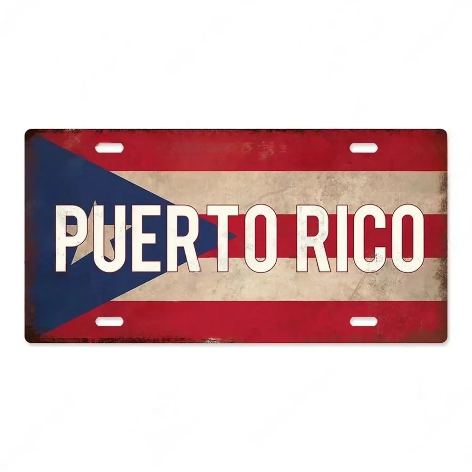 Vintage-style metal license plate with a distressed red white and blue Puerto Rico flag design used as India flag metal license plate vintage wall decor.