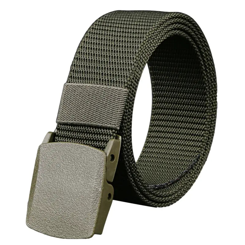 Olive green mens tactical canvas belt made of lightweight webbing with a matte-finish automatic metal buckle.