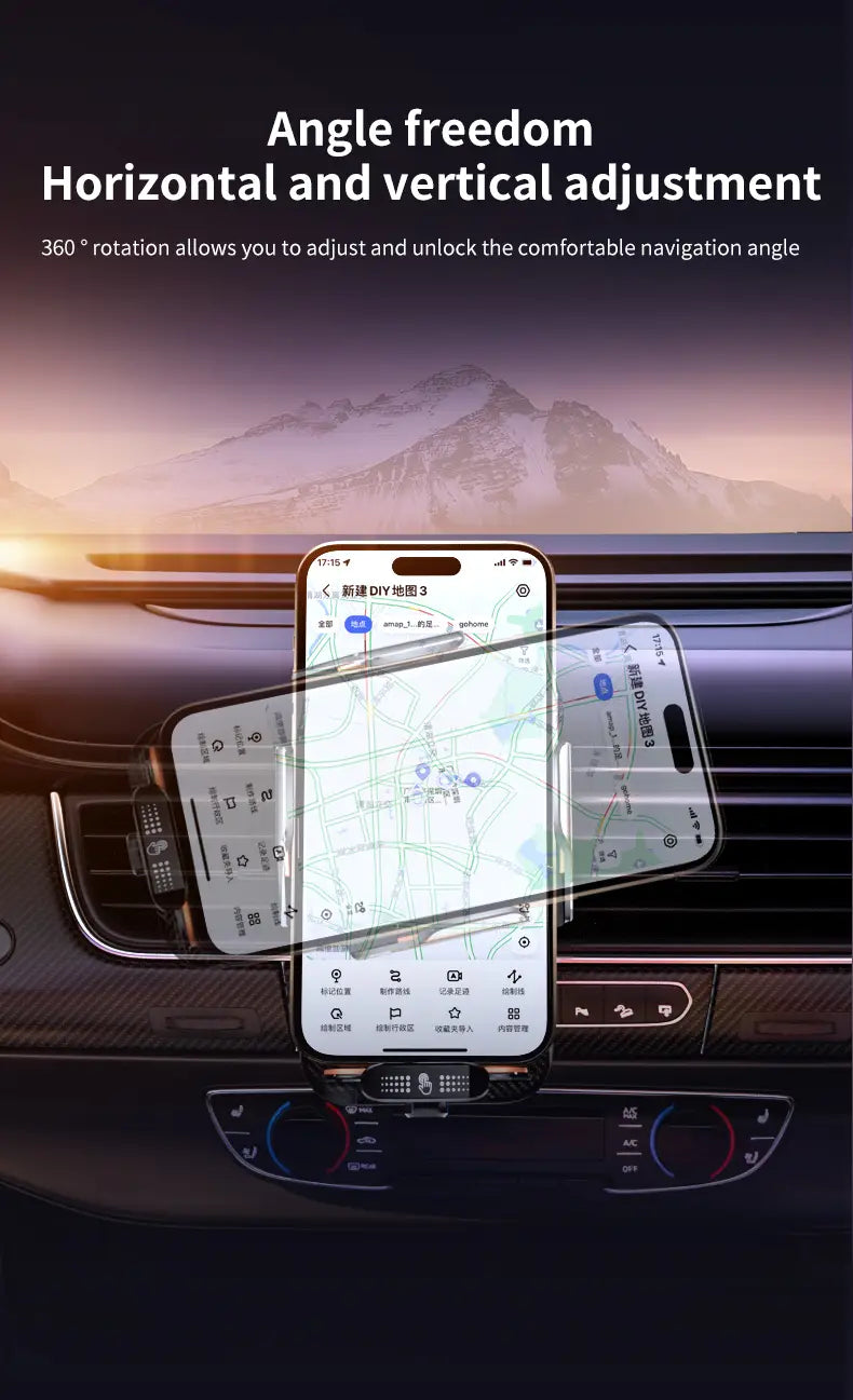 a sleek black phone holder with wireless charging and adjustable horizontal and vertical angles for optimal in-car navigation featuring infrared auto clamping